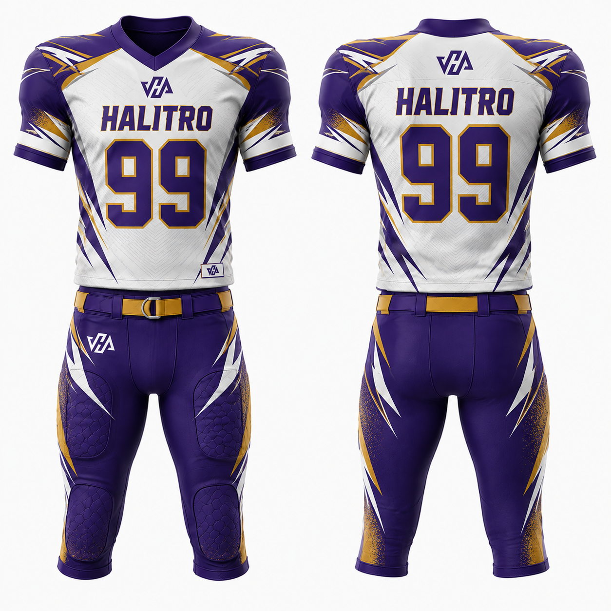 Custom American football uniform in purple white and gold with HALITRO INDUSTRY